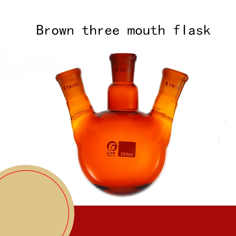 Laboratory Brown Three Port Flask 25 / 50 / 100 / 250 / 500 / 1000ml Round Bottom 19 /24 Caliber