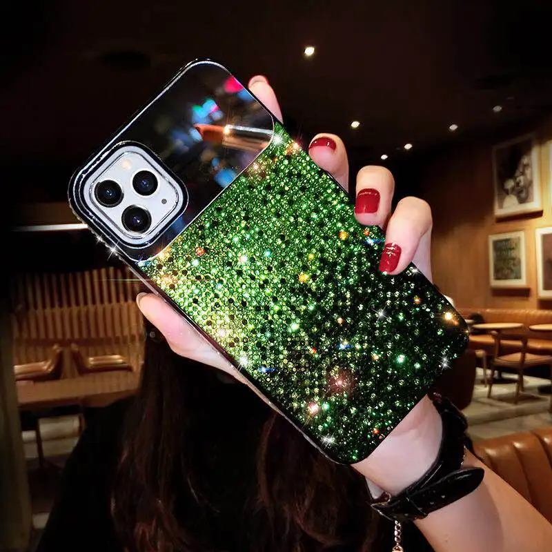 Mirror Makeup Gradient Diamond Case For iPhone 16 11 12 13 14 15 Pro Max XR XS 7 Plus Case Luxury Bling Glitter Rhinestone Cover