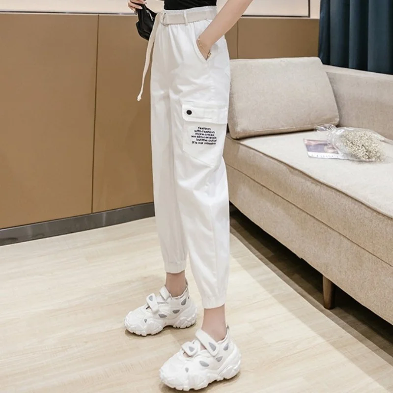 

Loose Summer Cargo Pants Women Street Sashes Hip Hop Casual Harem Pants Black Sweatpants Multi-pocket College Ankle-Length Pants