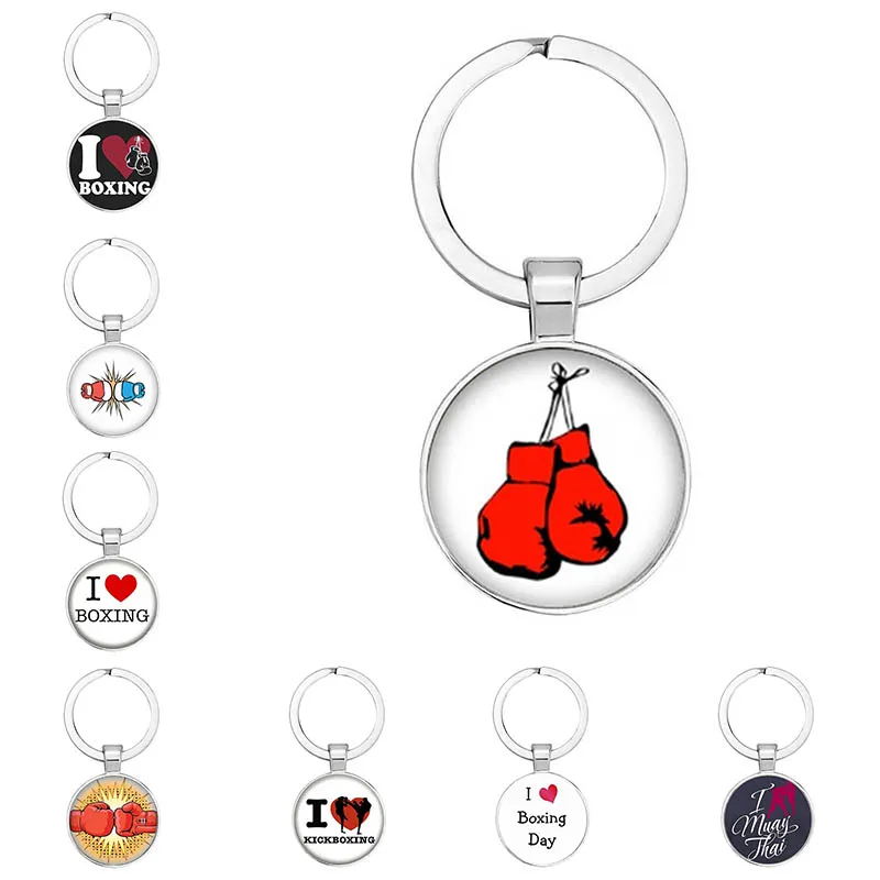 New Fashion Glass Cabochon Key Chain Boxing Gloves Pendant Boxing Lobster Clasp DIY Men and Women Car Keychain Gift