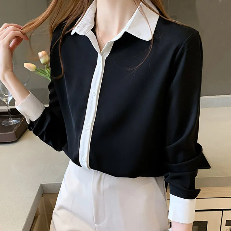 

Chiffon Shirt Office Workers Black Long Sleeve Bottomed Top for Women Blouse V-Neck Ladies Tops Mujer Blusas White Button 1294