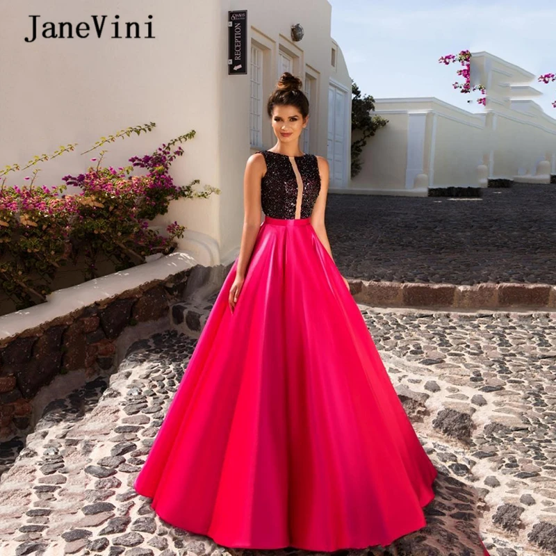 JaneVini-Vestido largo de satén sin mangas para mujer, traje Formal con lentejuelas, corte en A, cuello redondo, espalda transparente, longitud hasta el suelo, color fucsia, 2020