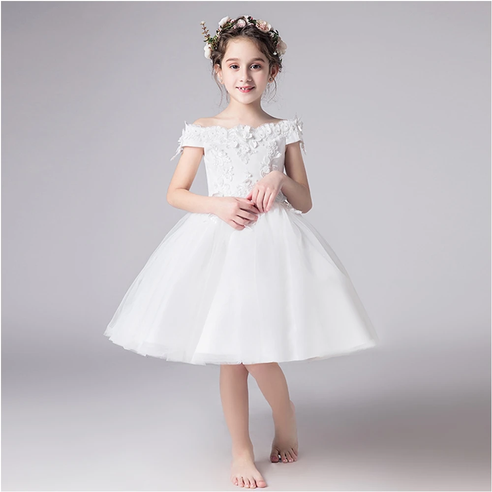 

White Beaded Off-Shoulder Applique Kids Formal Wear Birthday Christmas Girls Pageant Wedding Party Events Flower Girls Dresses