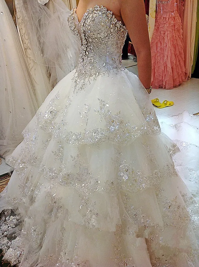 100% echte Fotos Luxus Ballkleid flauschige Brautkleider plus Größe Tüll Spitze Kristall Diamant Brautkleider 2024 anpassen sv07