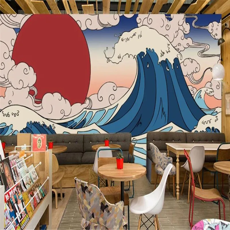 Retro Ukiyo-e Sea Japanese Food Cuisine Background Wall Paper Sushi Restaurant Ramen Izakaya Industrial Decor Mural Wallpaper 3D