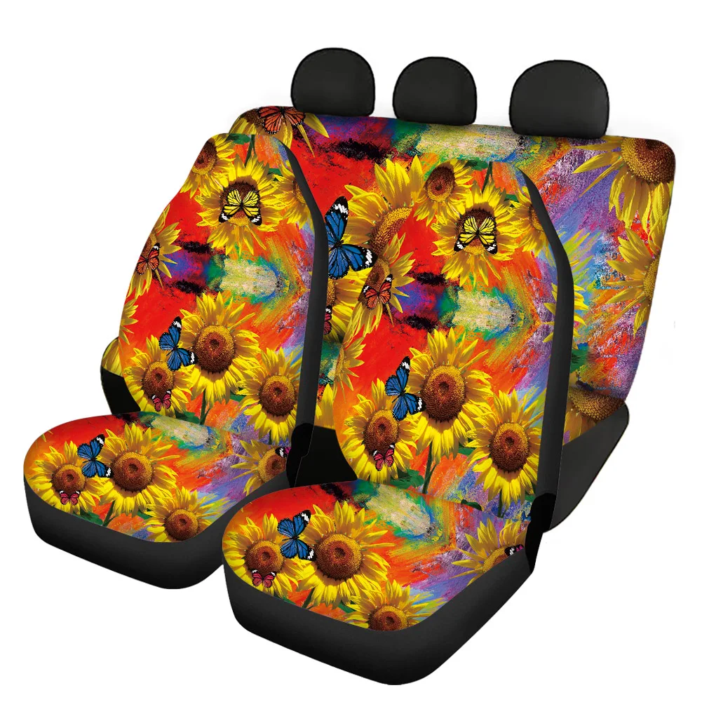 

INSTANTARTS Stylish Sunflower Butterfly Pattern Comfortable Front and Back Vehicle Seat Covers Easy Clean Car Accessories Covers