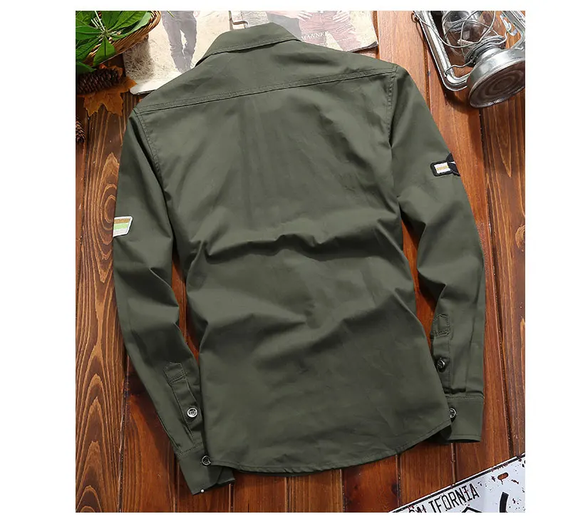 Camisas masculinas militar camisa casual algodão caqui retro ajuste fino com bolso de manga longa jaqueta vintage streetwear transporte da gota