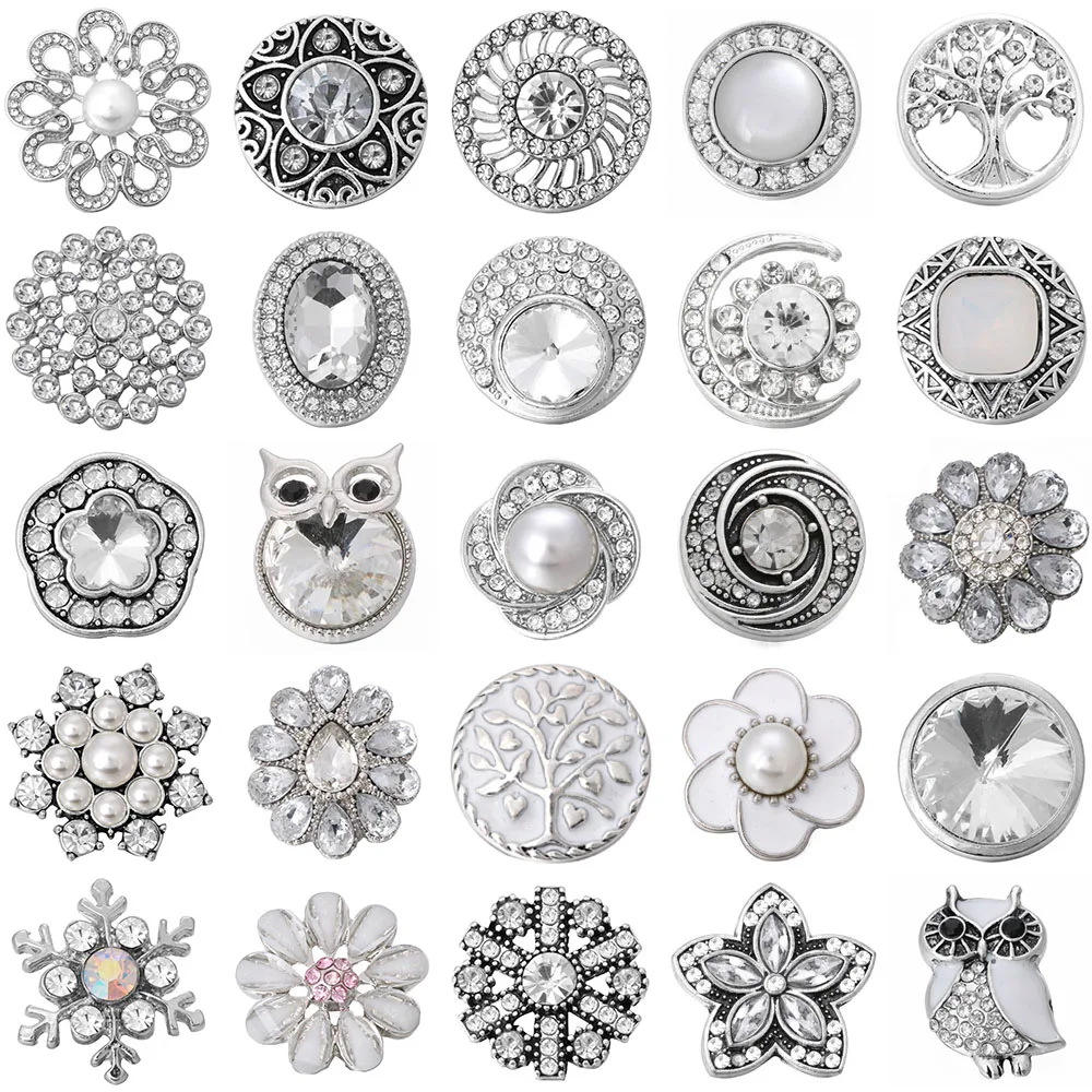 6pcs/lot Snap Button Jewelry White Rhinestone Flower Snap Buttons Fit 18mm Snap Bracelets Bangles DIY Jewelry
