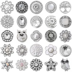 6pcs/lot Snap Button Jewelry White Rhinestone Flower Snap Buttons Fit 18mm Snap Bracelets Bangles DIY Jewelry