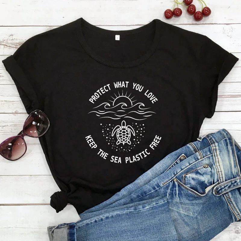 Protect What You Love Keep The Sea Plastic Free T-shirt Aesthetic Summer Women Ethical Tees Tops Fashion Save The Ocean Tshirt