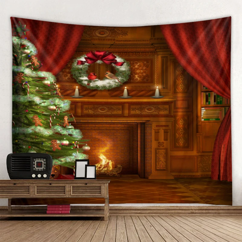 

Christmas Day Party Tapestry Art Blanket Hanging Home Bedroom Living Room Decoration Christmas Tree Elk Snowman Fireplace