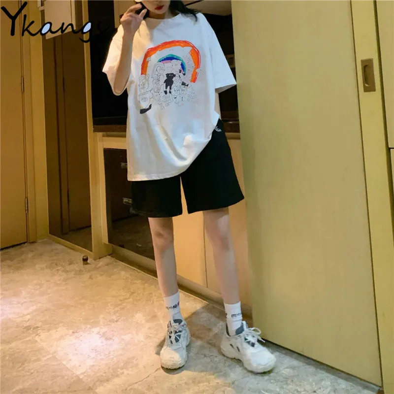 

Summer New Rainbow Print T-shirt Shorts with High Waist Sports Suit Female Korean Casual Fashion Home Suit for Women Shorts Set