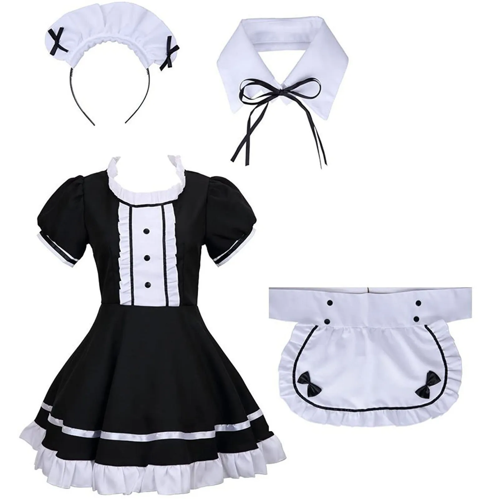 

Lingerie Open Maid Lolit Kawaii Cosplay Costume Women Headwear Sexy Cat Girl Kitty Outfit Cotton Apron Fake Collar Bowknot Dress