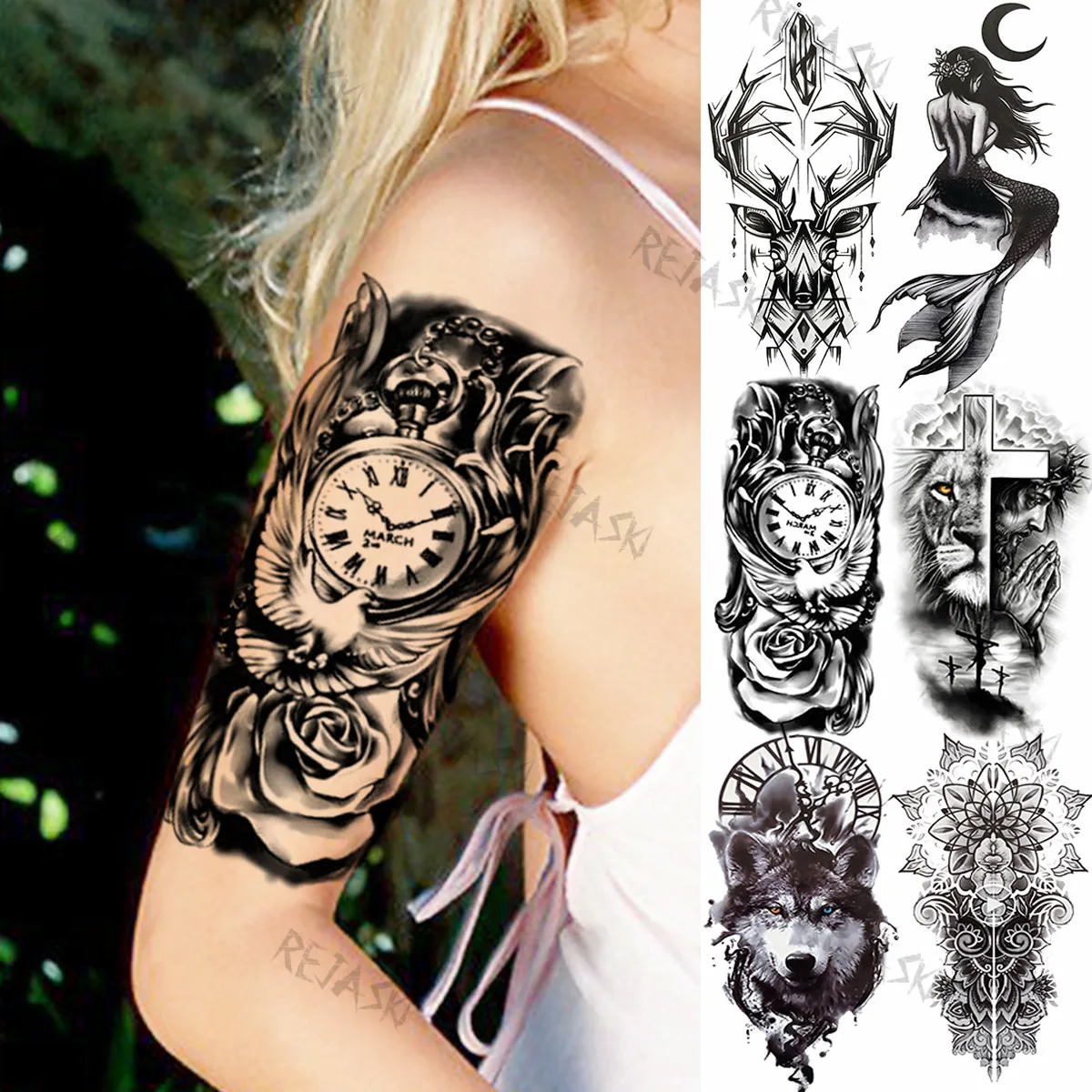 Clock Dove Rose Flower Temporary Tattoos For Women Men Antlers Mermaid Wolf Cross Fake Tattoo Sticker Body Art Waterproof Tatoos