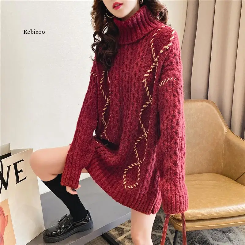 Women's Pullovers Turtleneck Wine Red Sweaters Autumn Winter Warm Twisted Knit Pullovers Ladies Loose Vintage New Year Sweaters