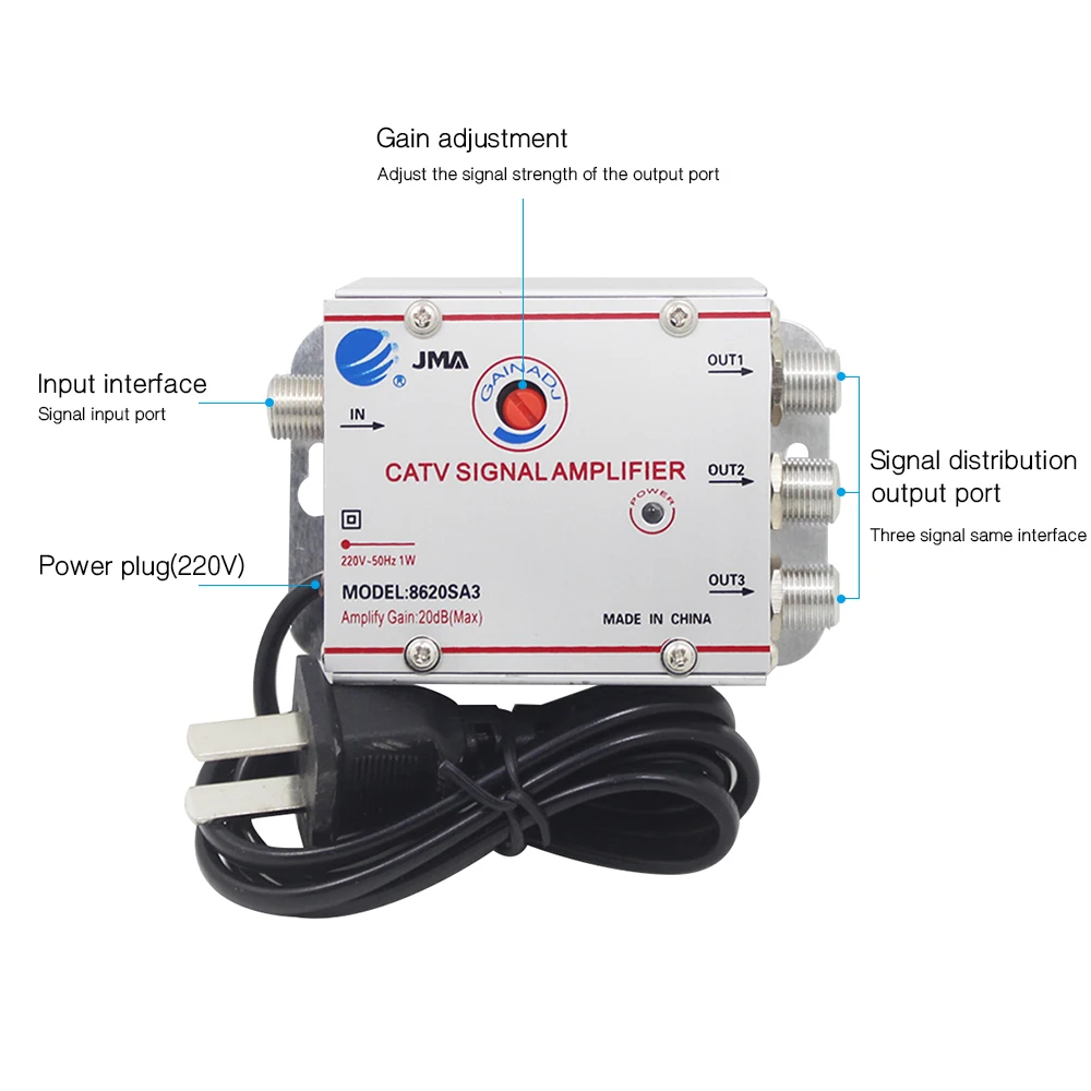 Amplificador de señal de TV, 2/3 vías, 20 db, CATV, divisor