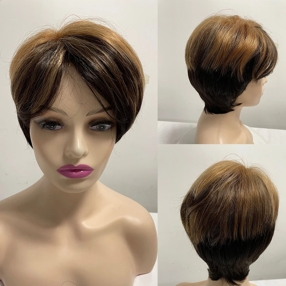 Amir Synethic Short Wigs Cute Pixie Cut Wig Straight Hair Wig with Bang Brown Grey Hair wigs for Women Party Daily Cosplay