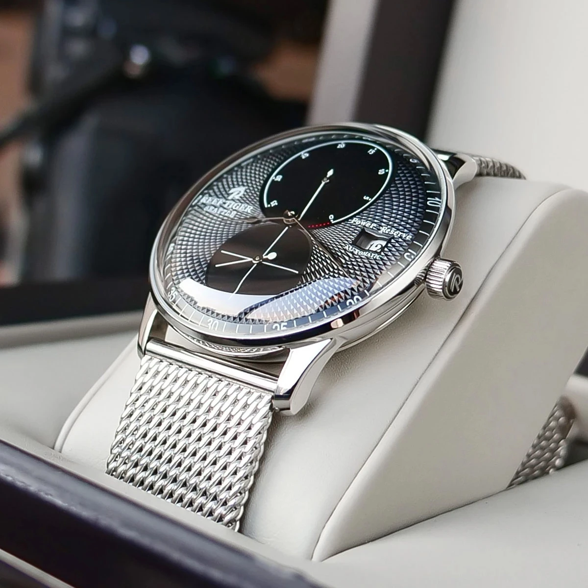 Reef Tiger/RT New Fashion Business Men Watches Waterproof Stainless Steel Mesh Steel Band Date Power Reservce Mechanical Watches