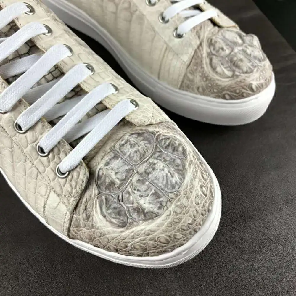 Himalaya white color genuine crocodile skin alligator head leather men shoe sneaker with cow skin lining solid quality shoe base