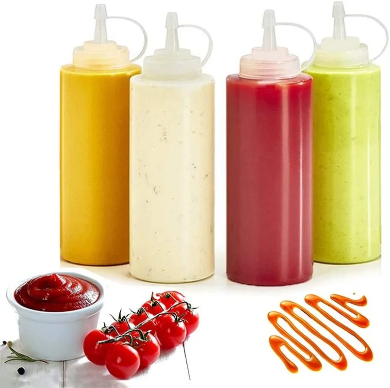 Refillable Squeeze Condiment Bottles, Plastic Container for Kitchen Ketchup, Mustard Sauces, Olive Oil, Gravy Boats