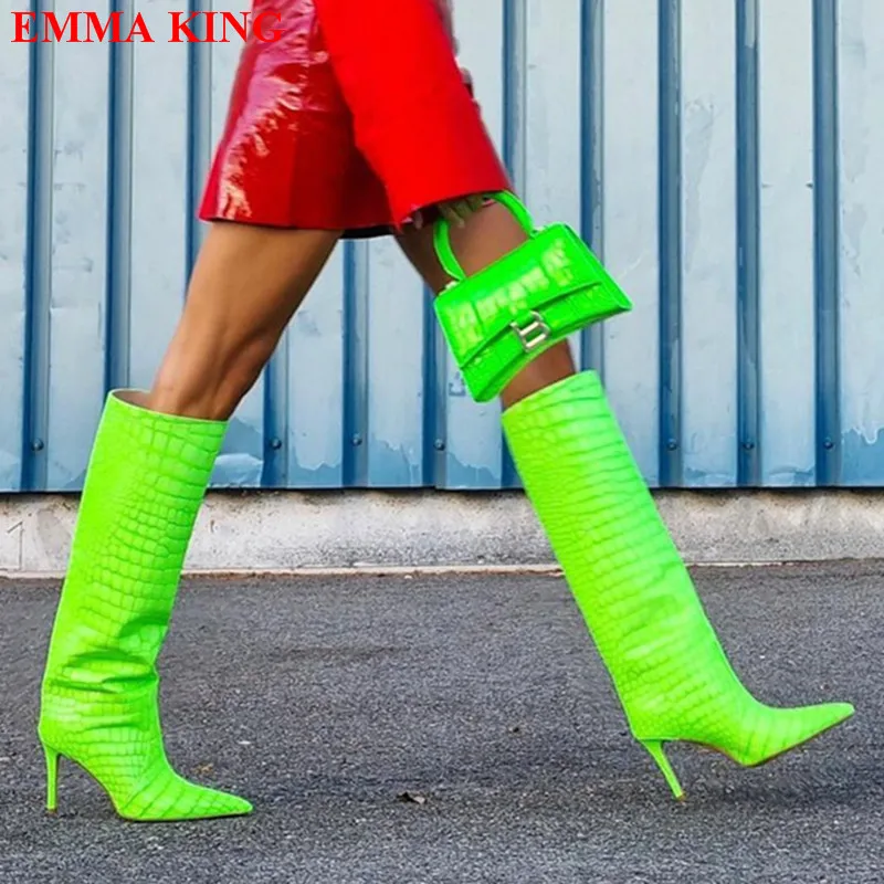 Fashion Women Crocodile Pattern Knee High Boots Slip On High Heels Party Long Boots Shoes Girls Pointed Toe Knight Boots 2021