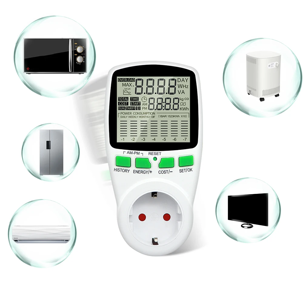 Misuratore di potenza digitale Spina UE Wattmetro Presa AC 220V Contatore di energia LCD Disply Diagramma di costo dell\'elettricità Analizzatore di