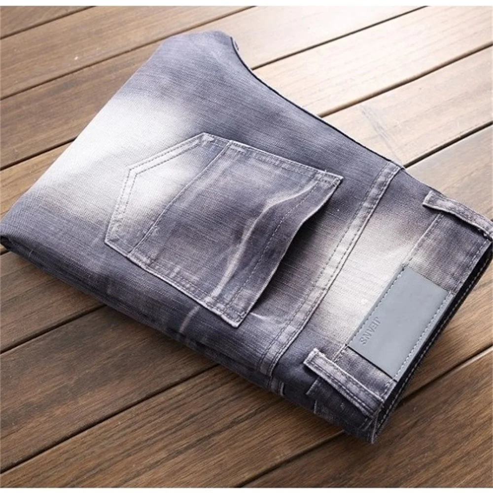 EH · MD® High Elastic Bleached Gray Jeans Men's Wavy Wrinkled Hole Patch Cotton Soft Small Straight High Street Slim Pants 2020