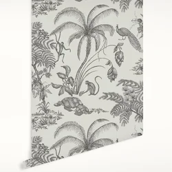 Papel tapiz de animales de la selva Tropical antigua con mono, pavo real y palmeras en el bosque, papel de pared blanco y negro