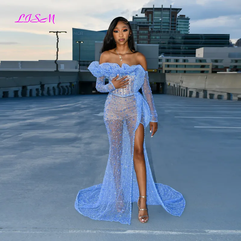 Sexy Prom Dresses Mermaid Ruches Boothals Lange Mouwen Split Pailletten Shiny Avondjurk Plus Size Vrouwen Party Elegante Jurken