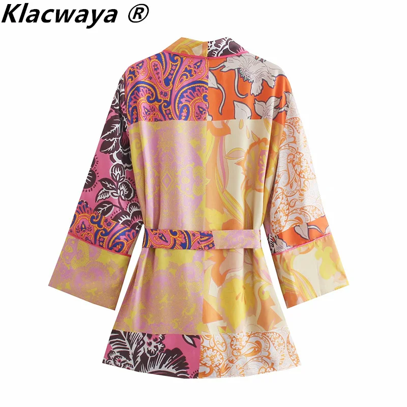 Klacwaya 2021 koszule damskie Vintage z paskiem drukowane bluzki w stylu Kimono + kobiece wysokiej talii ze sznurkiem krótkie spodnie kostium damski