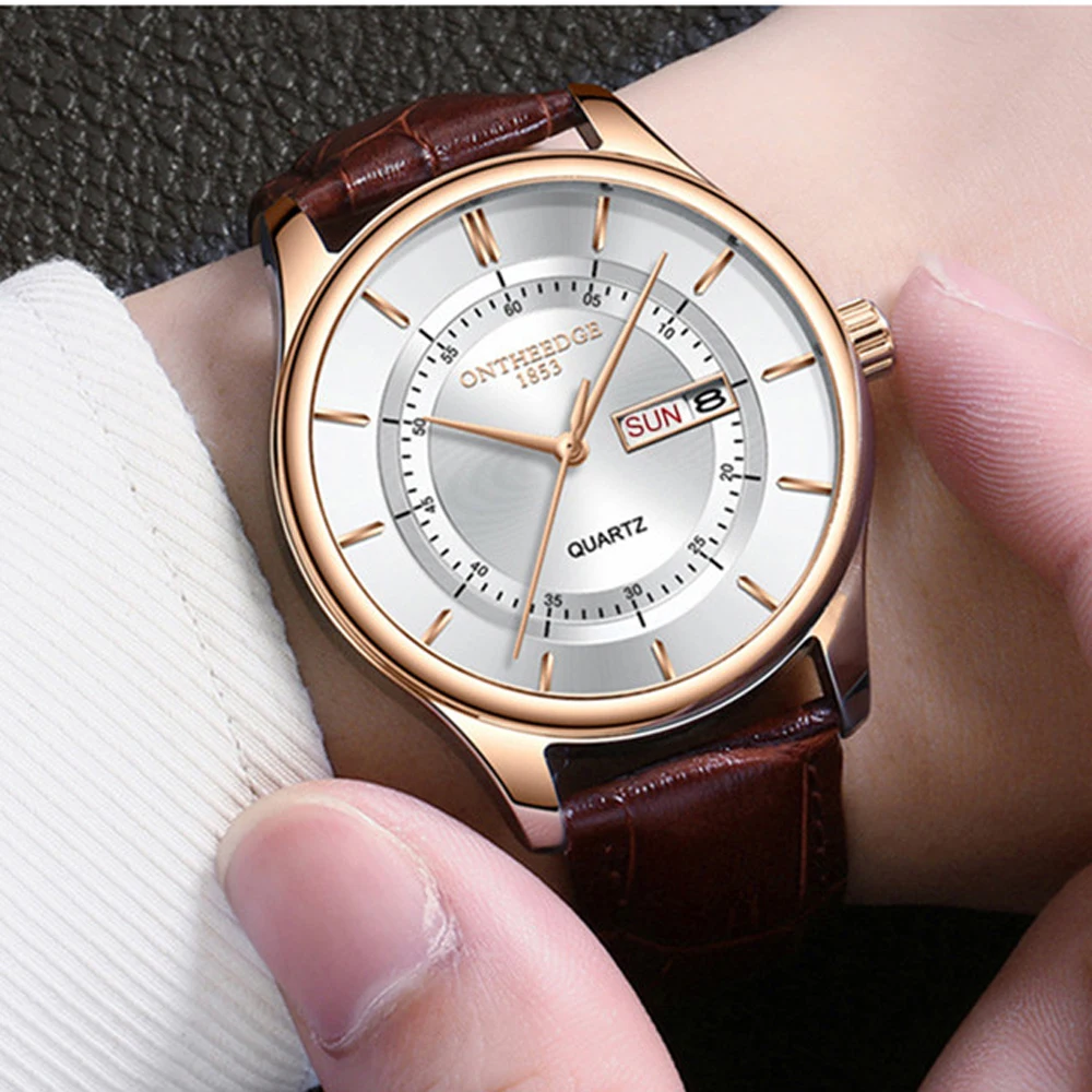 High Quality Rose Gold Dial Watch Men Leather Waterproof Watches Business Fashion Japan Quartz Movement Date Male Clock reloj