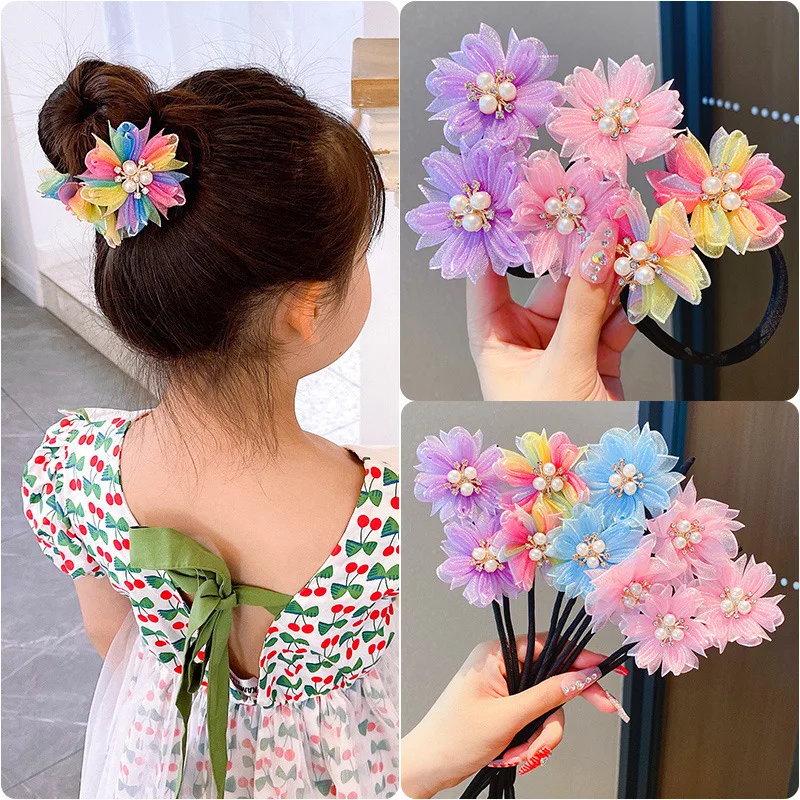 Fashion Girls Pearl Crystal Hair Pin Foldable Hair Rope Lovely Colorful Flowers Hair Accessories Fixed Hair Jewelry Hair Pi