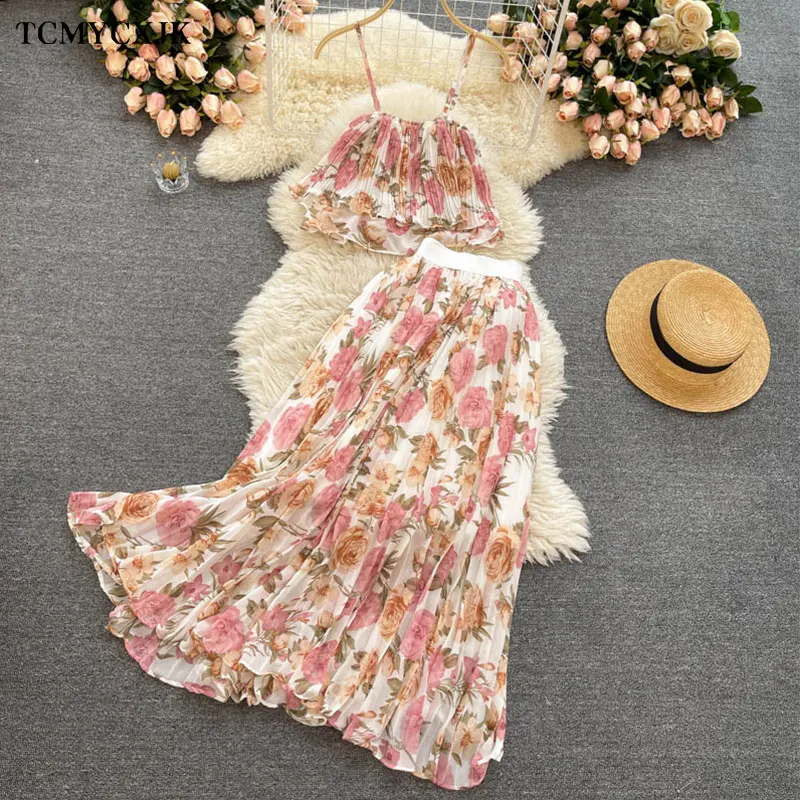 Ropa de verano para mujer, Vestido de playa para vacaciones, traje elegante con tirantes, Top corto, falda de malla plisada, conjunto Floral de 2 piezas, 2023