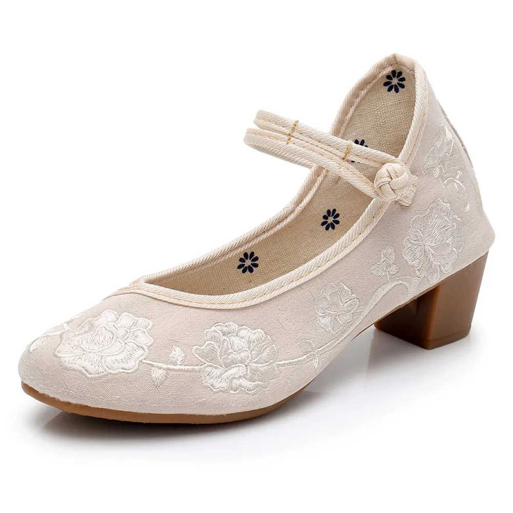 Veowalk Vintage Embroidery Women Mid Block Heel Shoes Canvas Pumps for Elegant Ladies Woman Cotton Embroidered Chinese Shoes