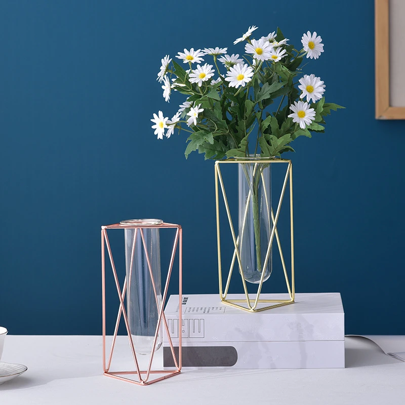 1Pc Modern Geometric Iron Glass Vase Tube Flower Arrangement Hydroponic Plant Terrarium Home Decor