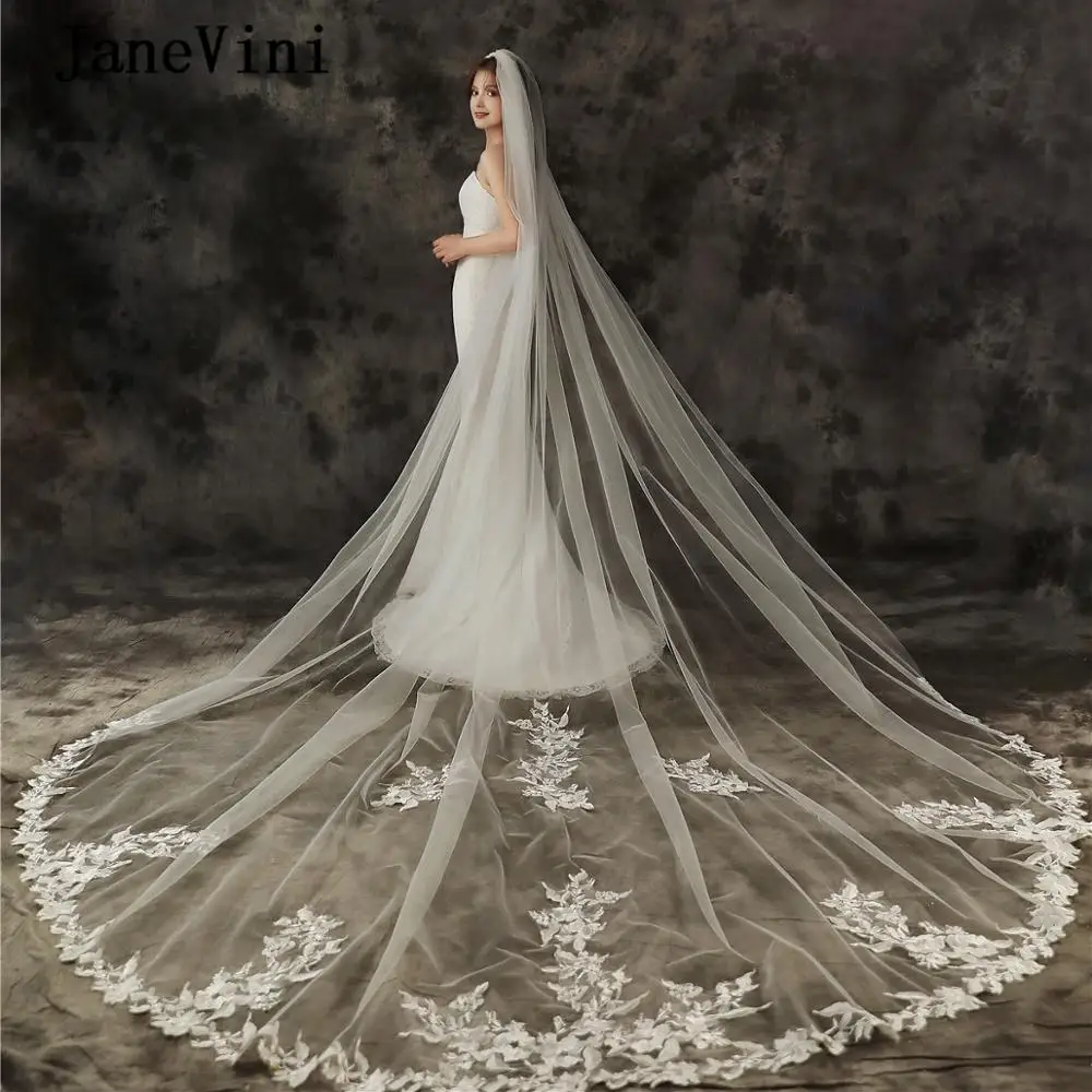 

JaneVini 2021 Ivory One Layer Wedding Veils Lace Edge Elegant Appliques Cathedral 3.5M Bridal Veil with Comb Voile Blanc Mariage