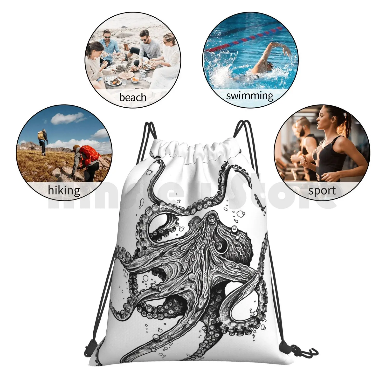 Octopus Backpack Drawstring Bag Riding Climbing Gym Bag  Octopus Tentacles Ocean Animals Underwater Nature Sea Mollusc Pen