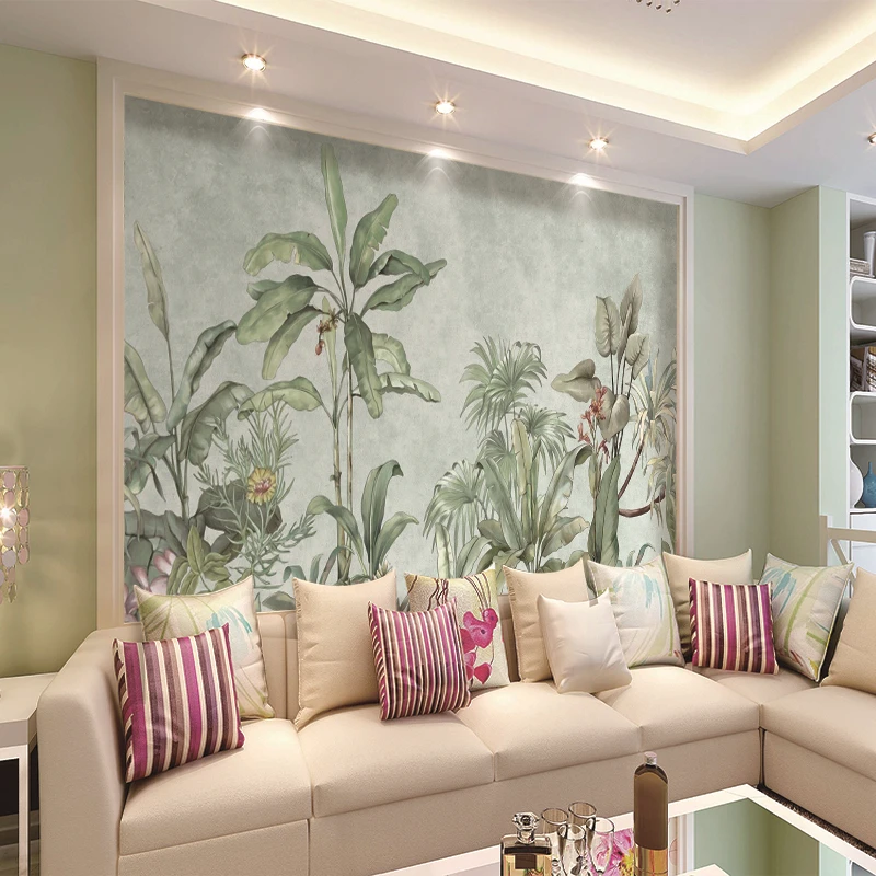 Custom Mural Wallpaper Watercolor Hand Painted Tropical Plants Green Background Wall Painting