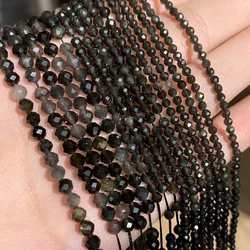 Natural Black Obsidian Stone 2/3/4mm Faceted Loose Round Mineral Beads for Jewelry Making DIY Christmas Gift Bracelets 15inch