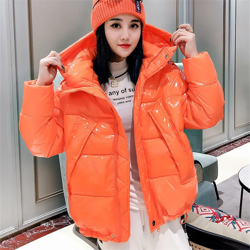 2025 Winter Women Short Glossy Cotton Padded Coat Yellow White Orange Hooded Parkas Casual Long Sleeve Female Outwear Streetwear