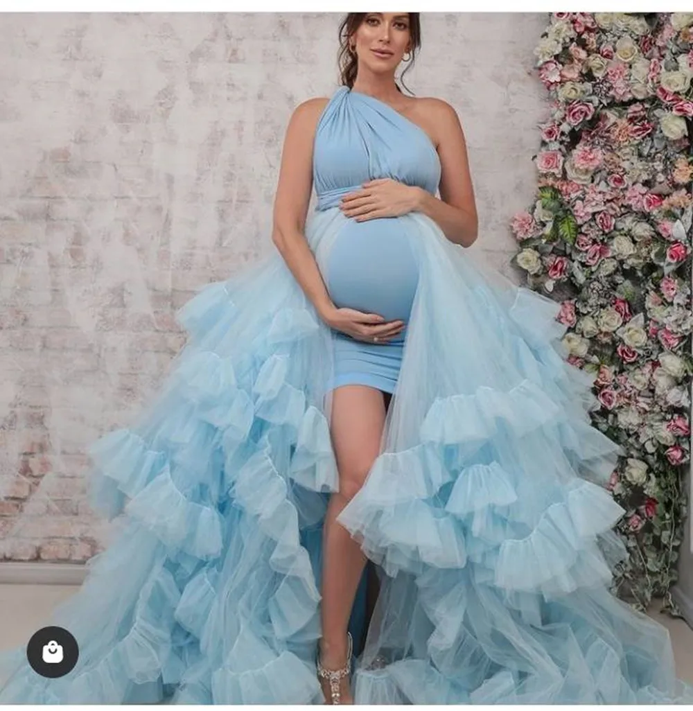 

Cozy 2021 Sky Blue Women Maternity Robe With Detachable Train Ruffles Tiered Tulle High Low Prom Gowns Free Size