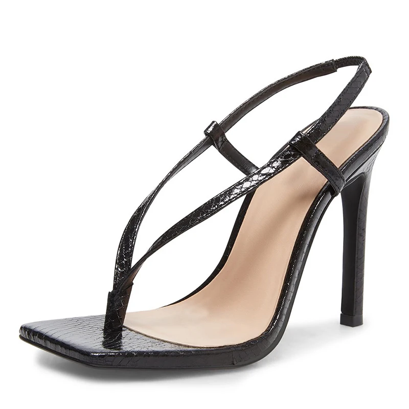 Sandali infradito con tacco alto alla moda con punta quadrata Sandali da donna con tacco rosa Sandali con cinturino nero Scarpe estive da donna 2024