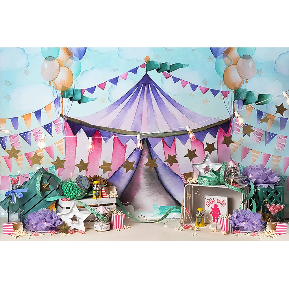LYus-Toile de fond d'anniversaire de carnaval, toile de fond de photographie de portrait d'enfants doux, peinture de photocall, ciel, tente, ballons, étoile, nuage