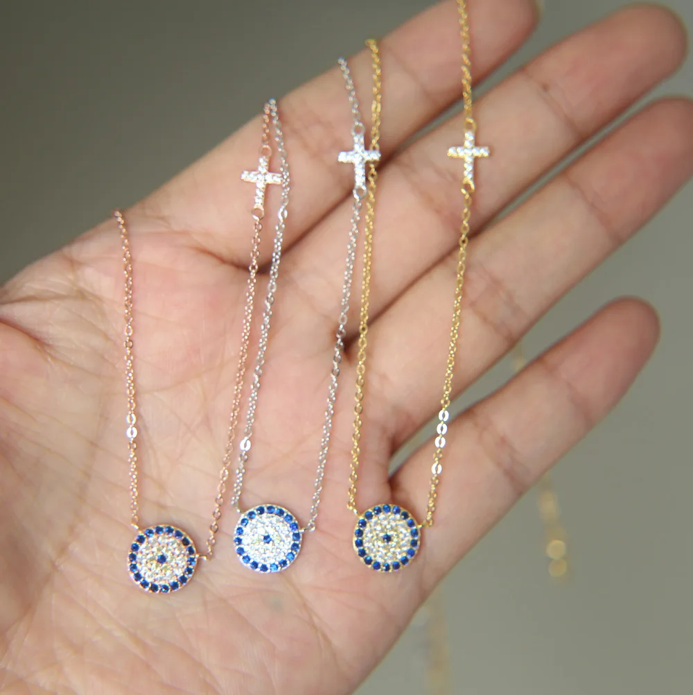 2017 high quality 3 color 100% 925 sterling silver dainty thin chain delicate evil eye cross connector silver necklace for lady