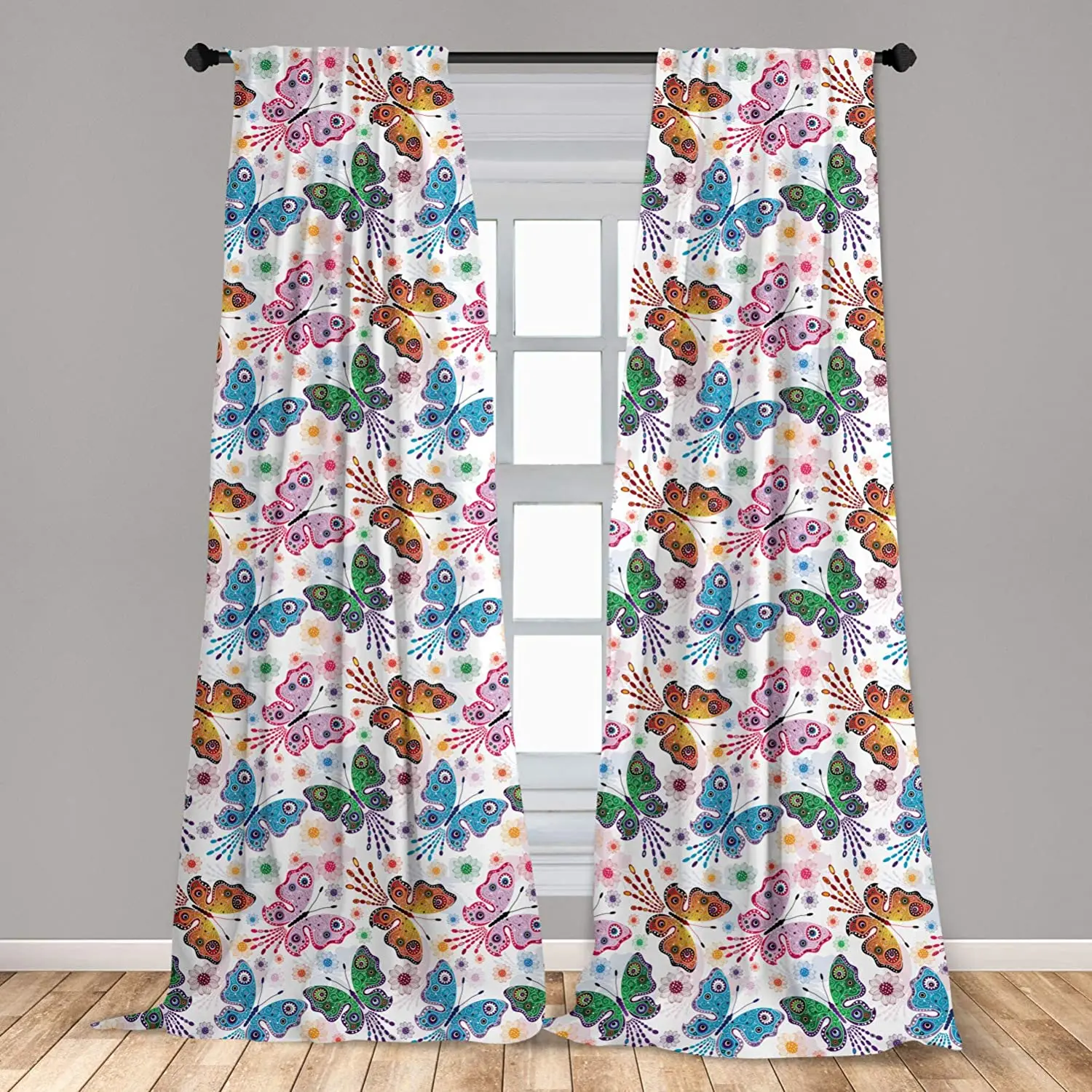 

Butterfly Window Curtains Floral Arrangement with Vibrant Colored Butterflies with Design Elements Window Drapes with Rod Pocket