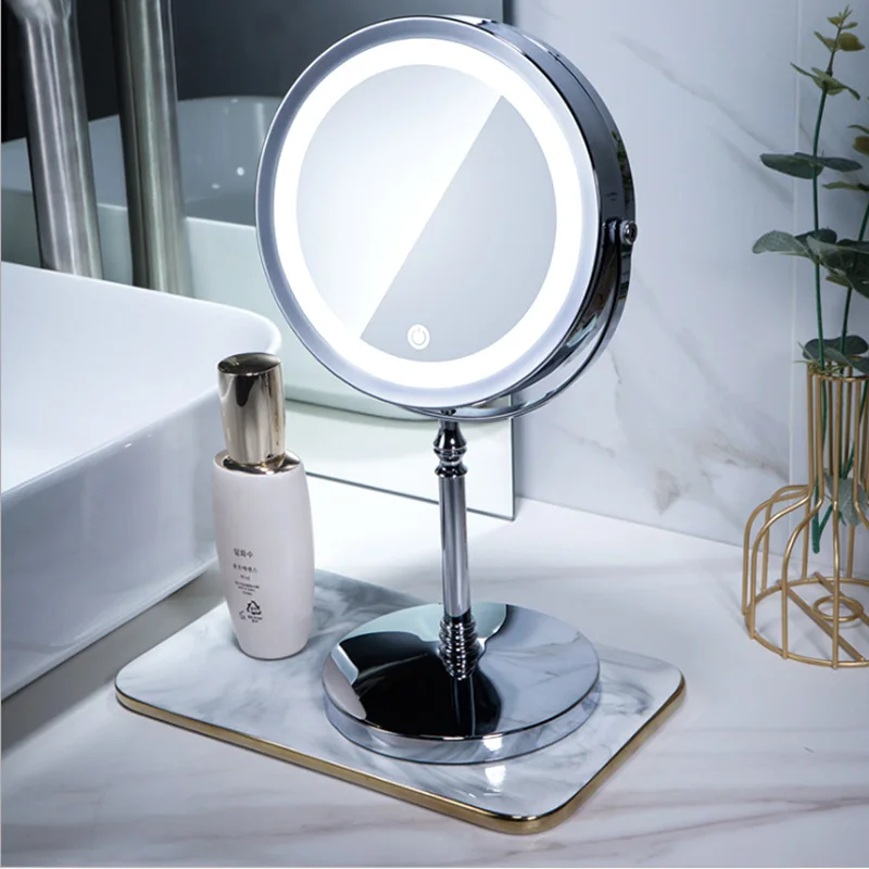 5X/10X Magnifying Double-Sided Mirror European-Style Metal LED Desktop Makeup Mirror With Touch Dimming 7-Inch Mirror