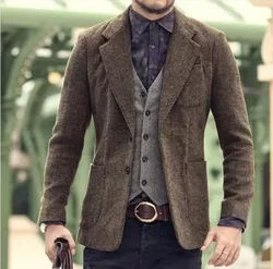 Veste en tweed de laine trempée pour hommes, manteau d'affaires coupe couvertes, blazer punk britannique rétro