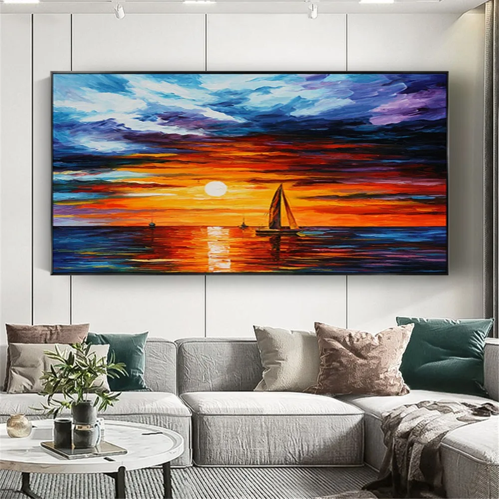 

Nordic Deco Wall Art Poster Modern Hand-Painted Oil Painting Abstract Seascape Sunset Canvas Picture On The Living Room Decor