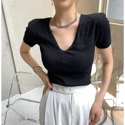 T-shirt a maniche corte con scollo a V in cotone casual T-shirt da donna con spalline alla moda tinta unita T-shirt slim estive da donna Top elastici di base