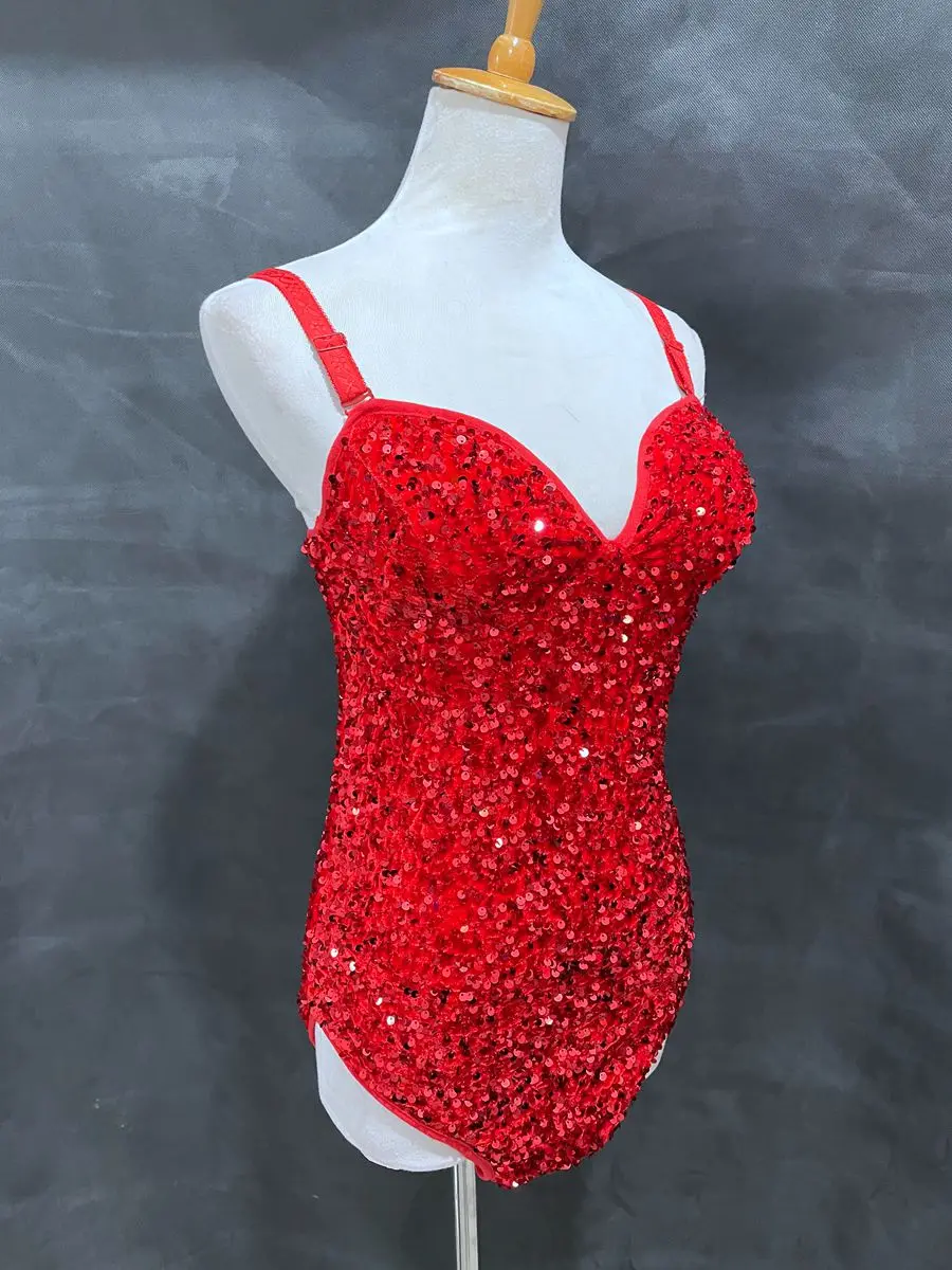 Rot Schwarz Pailletten Glitter Sling Body Bar Nachtclub DJ Bühne Sängerin Tänzer Pole Party Club Tanzen Jazz Leistung Kostüm